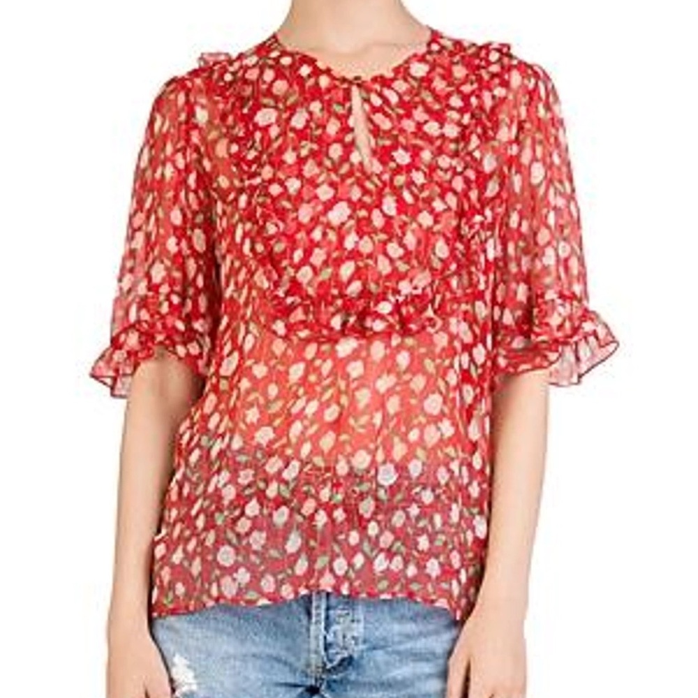 The Kooples Floral Red Ruffle Sheer Blouse